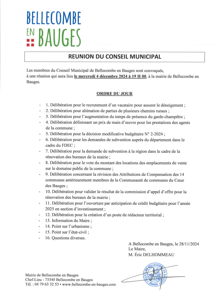 Ordre du jour du prochain conseil municipal